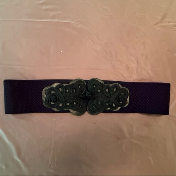 Vintage Black 3” Wide Belt with Ornate Buckle and Stretch Back - Picture 3 of 7